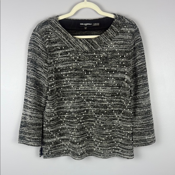 KARL LAGERFELD Pearl Embellished Tweed Knit 3/4 Sleeve Sweater Top Size Medium - Picture 2 of 10